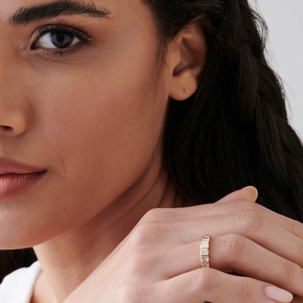 18K Gold Half Eternity Emerald Cut Bazel Diamond Ring