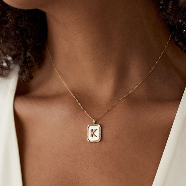 18K Gold Elegant Tag Diamond  Initial Necklace