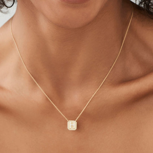 18K Gold Square Shape Diamond Initial Necklace