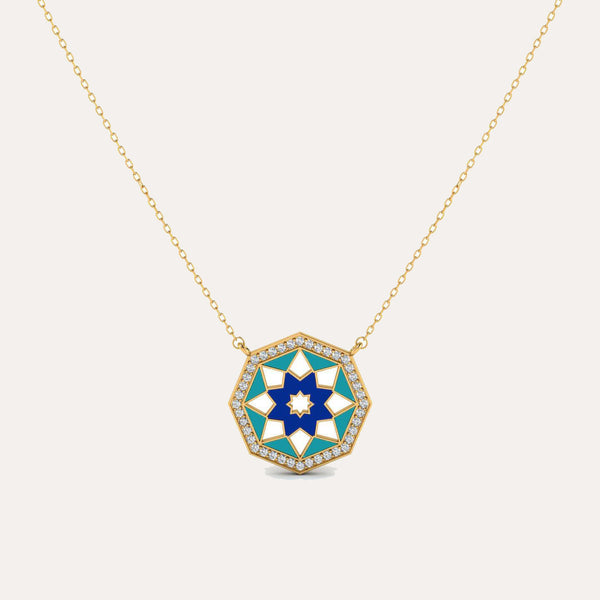 18K Gold Enamel & Diamond Octagone Necklace