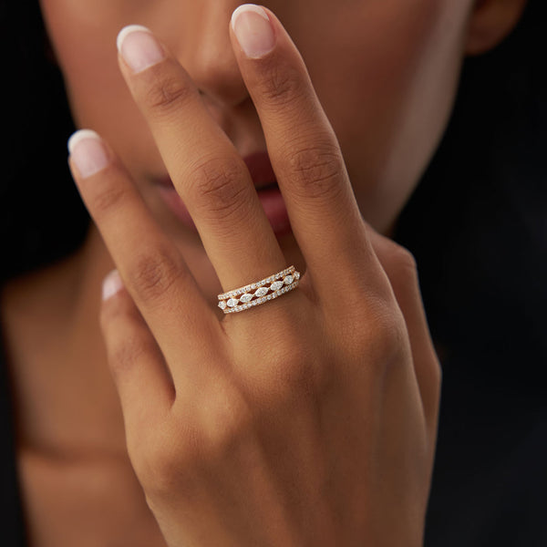 18K Gold Hald Pave Round And Marquise Diamond Ring