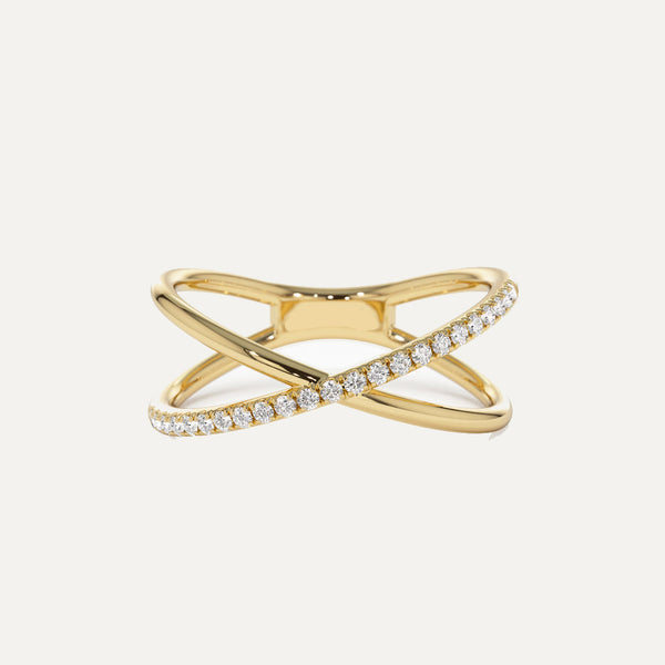 18K Gold Crossed Half Diamond Ring