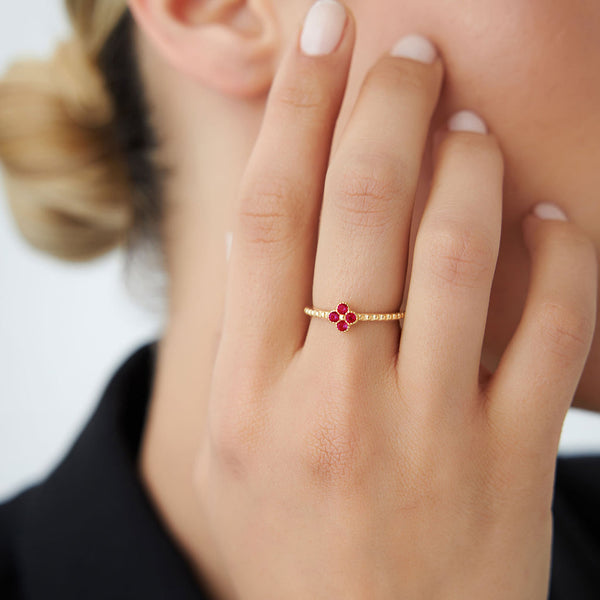 18K Gold Clover Ruby Ring