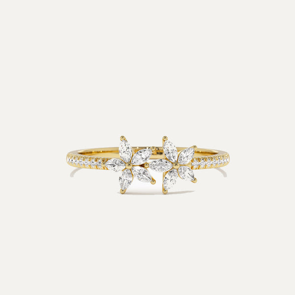 18K Gold Dual Flower Marquise Diamond Ring