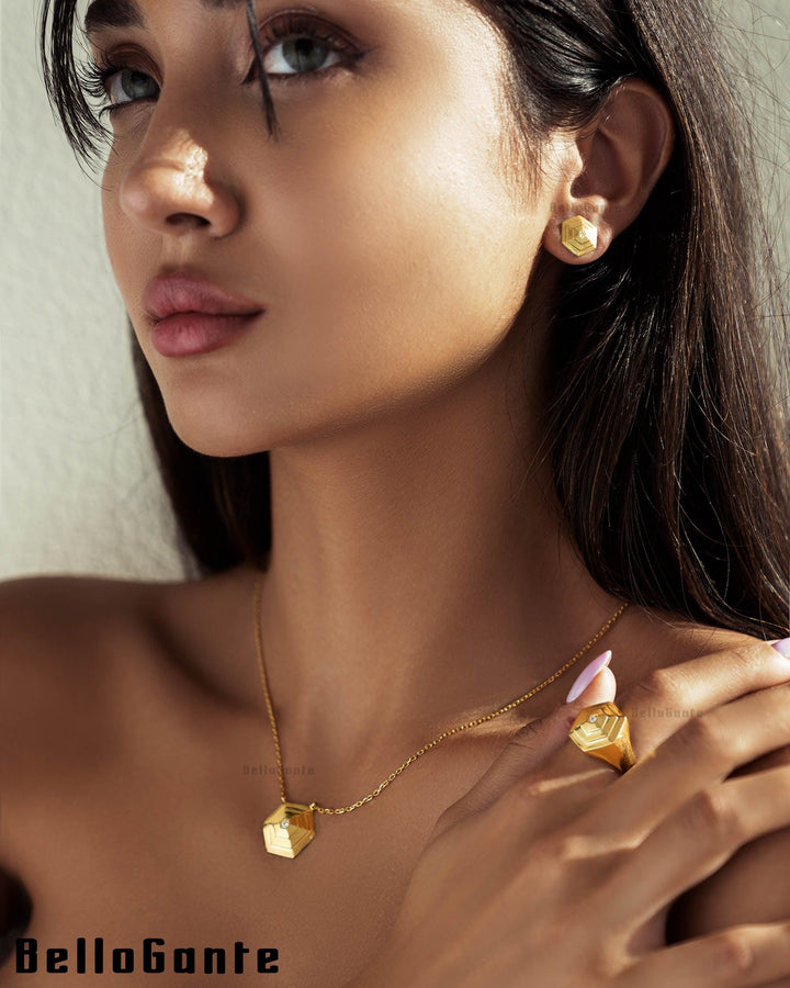 8K Gold 3D Hexagon Earrings - BelloGante
