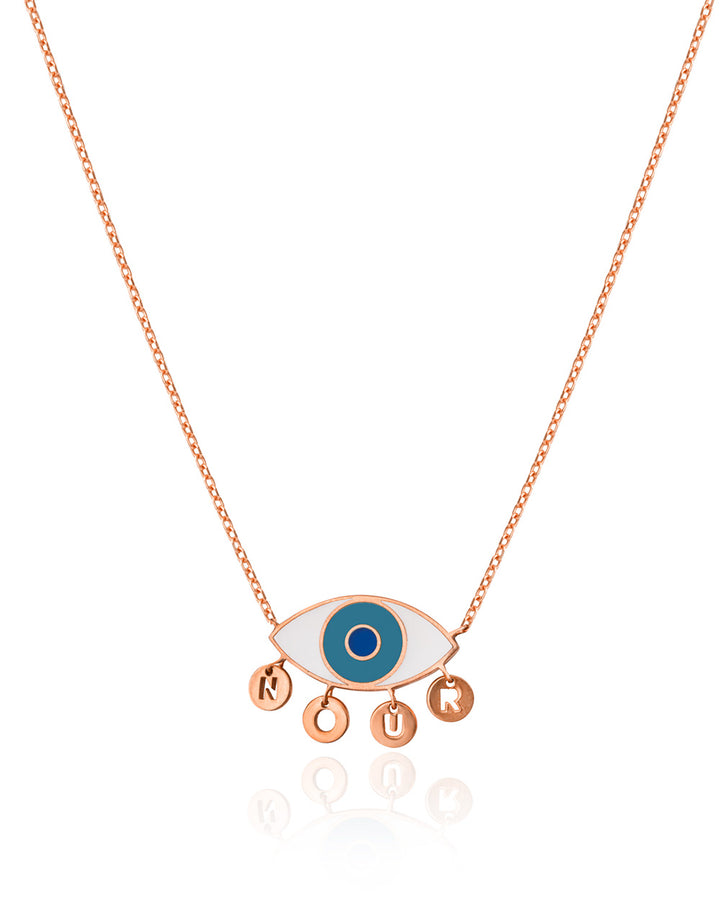 Rose gold Evil Eye necklace with Initials pendant marquise