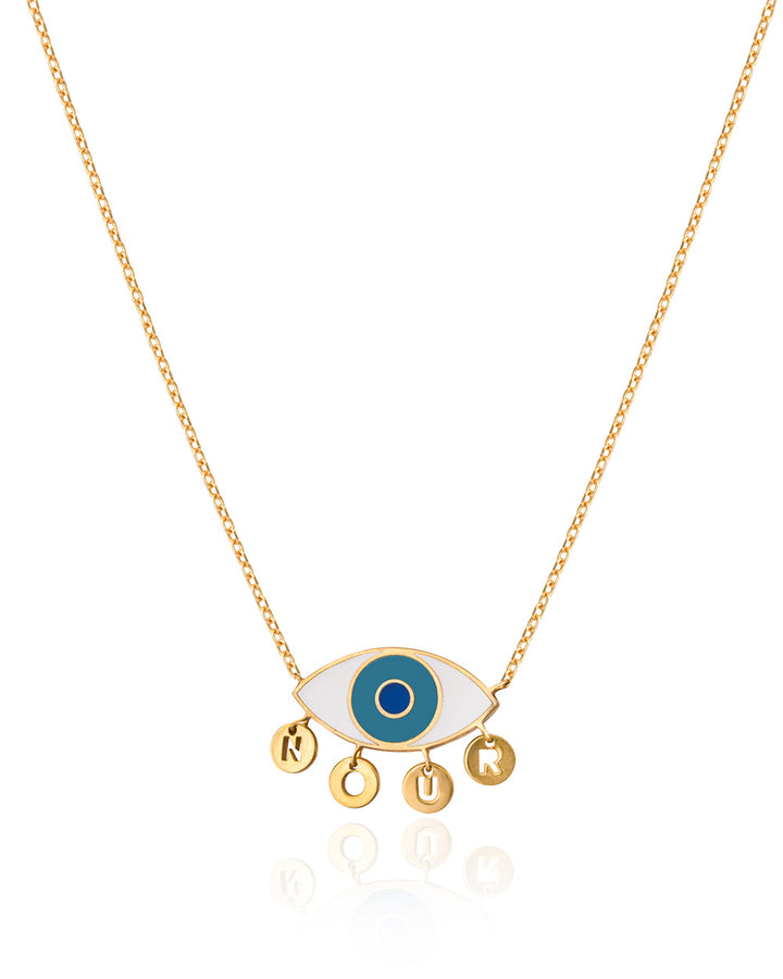 Gold Marquise evil eye necklace with name