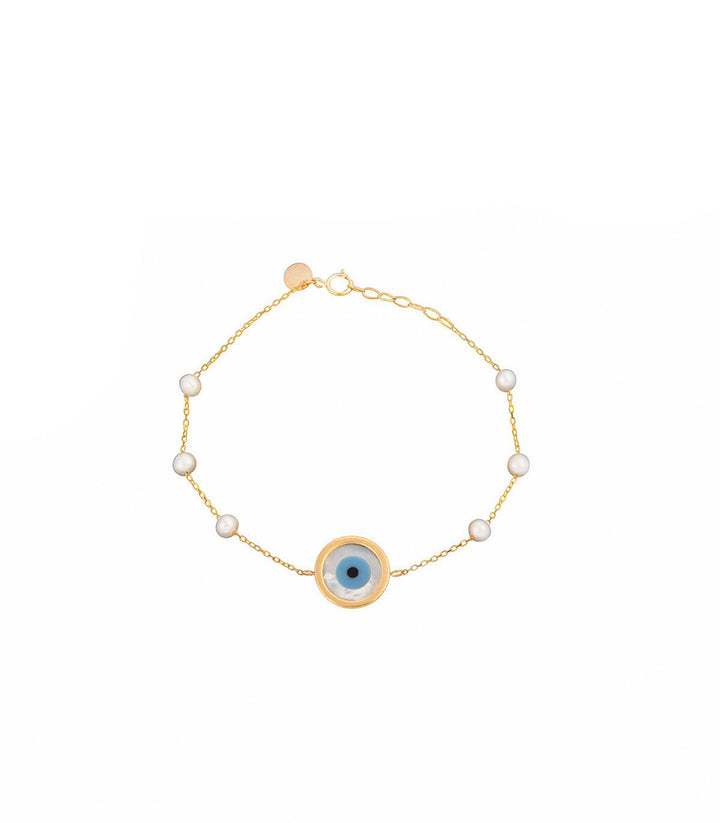 gold evil eye bracelet with pearl chain