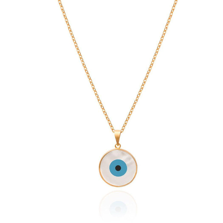 18K Gold Round Evil Eye Necklace Mother of Pearl