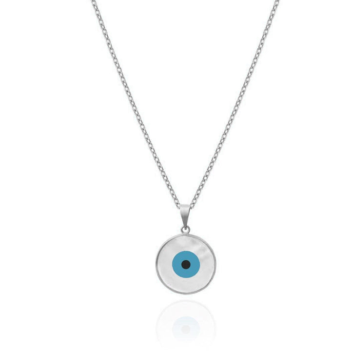 White Gold Round Evil Eye Necklace Mother of Pearl