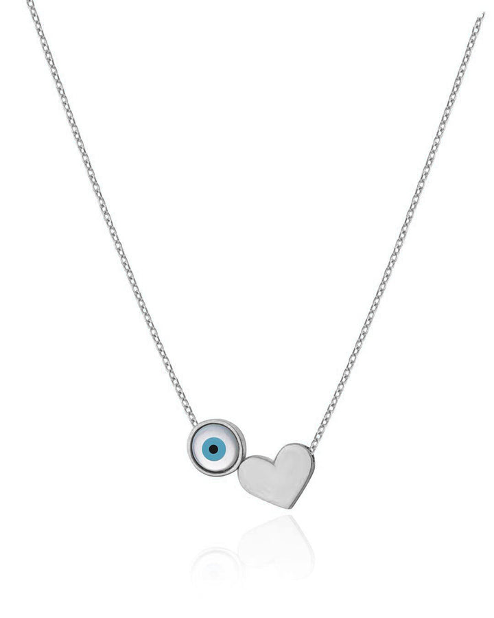 White Gold Heart Necklace with Evil Eye